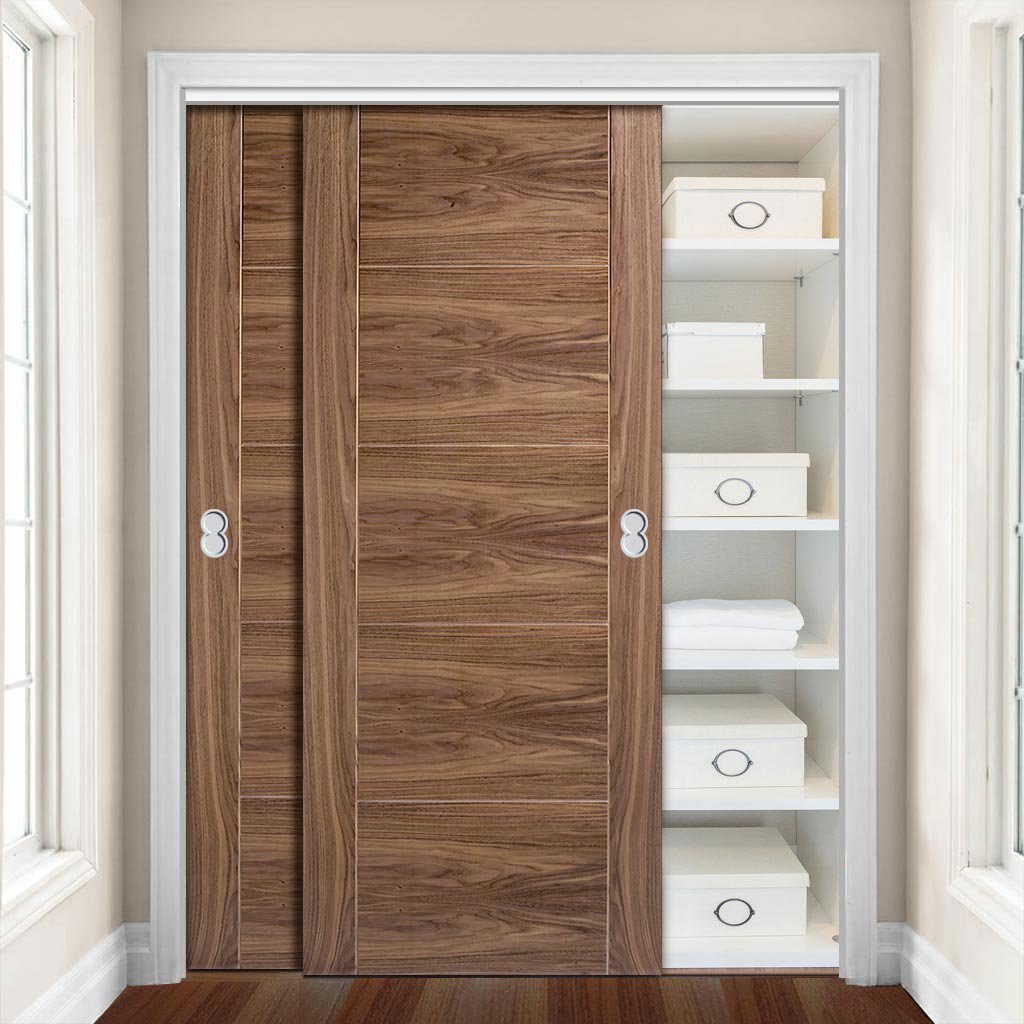 Two Sliding Maximal Wardrobe Doors & Frame Kit - Vancouver 5 Panel Flush Walnut Door - Prefinished