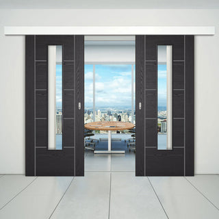Image: Double Sliding Door & Wall Track - Laminate Vancouver Black Door - Prefinished - Clear Glass - Prefinished