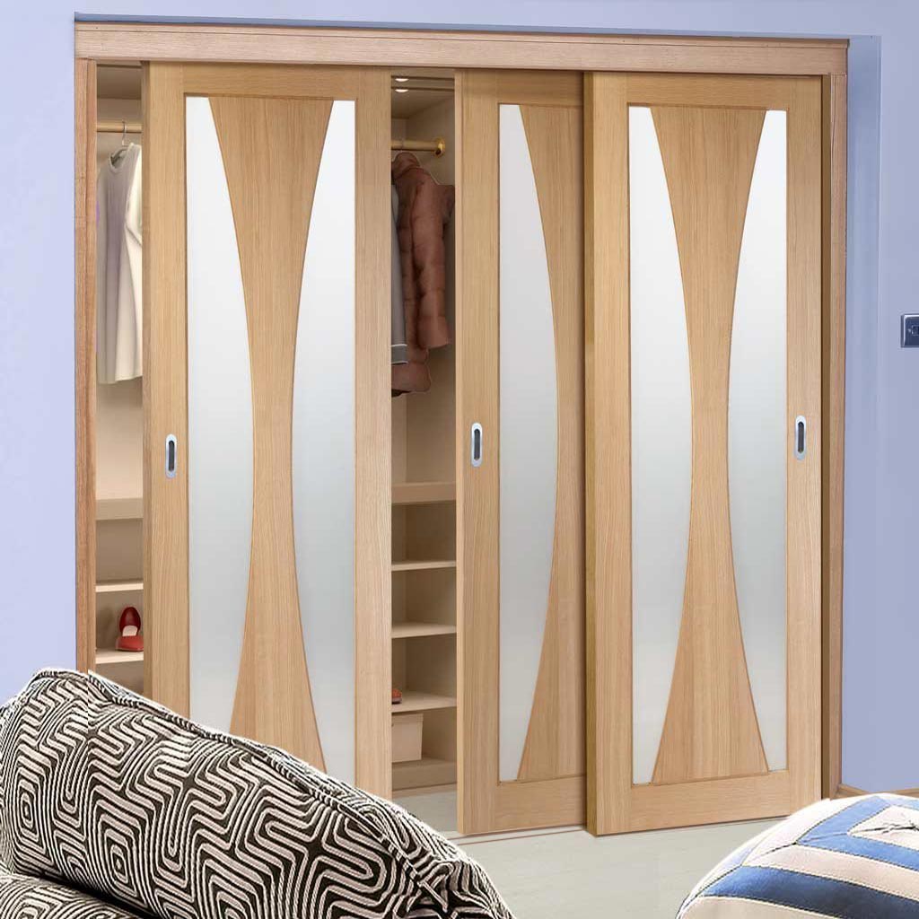 Minimalist Wardrobe Door & Frame Kit - Three Verona Oak Doors - Obscure Glass - Unfinished