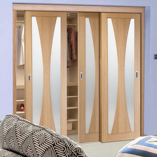 Image: Minimalist Wardrobe Door & Frame Kit - Three Verona Oak Doors - Obscure Glass - Unfinished