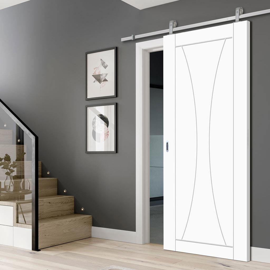 Top Mounted Stainless Steel Sliding Track & Door - Verona Flush Door - White Primed