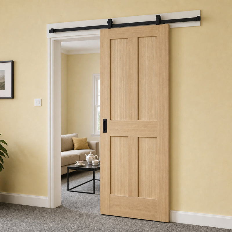 Top Mounted Black Sliding Track & Door - Value Victorian 4 Panel Oak Shaker Internal Door - Unfinished