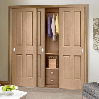 Image: Minimalist Wardrobe Door & Frame Kit - Three Victorian Oak 4 Panel Door - No Raised Mouldings - Prefinished
