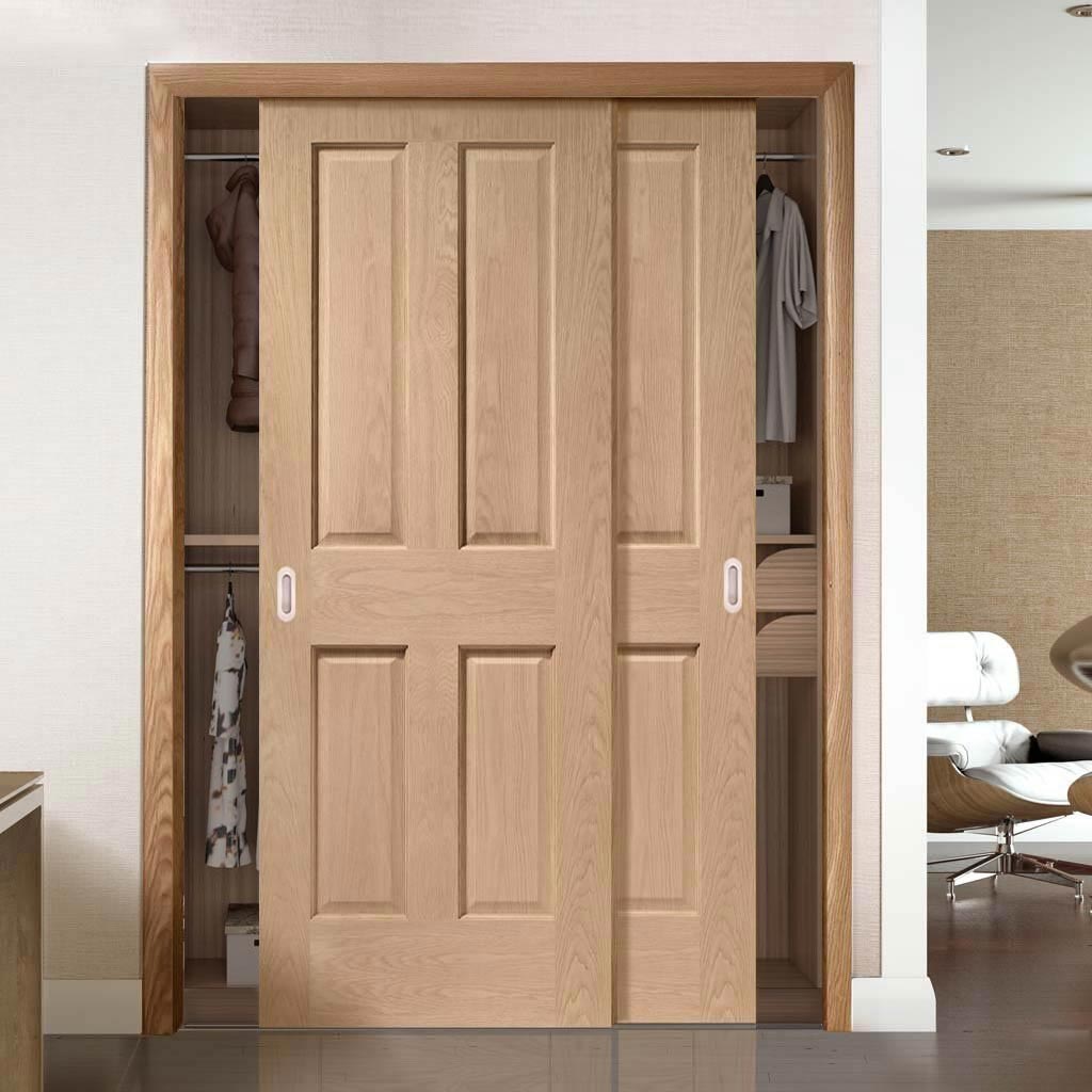 Minimalist Wardrobe Door & Frame Kit - Two Victorian Oak 4 Panel Door -  No Raised Mouldings - Prefinished