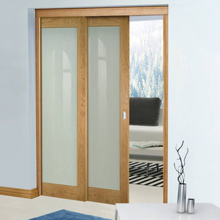 Image: Walden American Oak Veneer Staffetta Twin Telescopic Pocket Doors - Frosted Glass - Unfinished