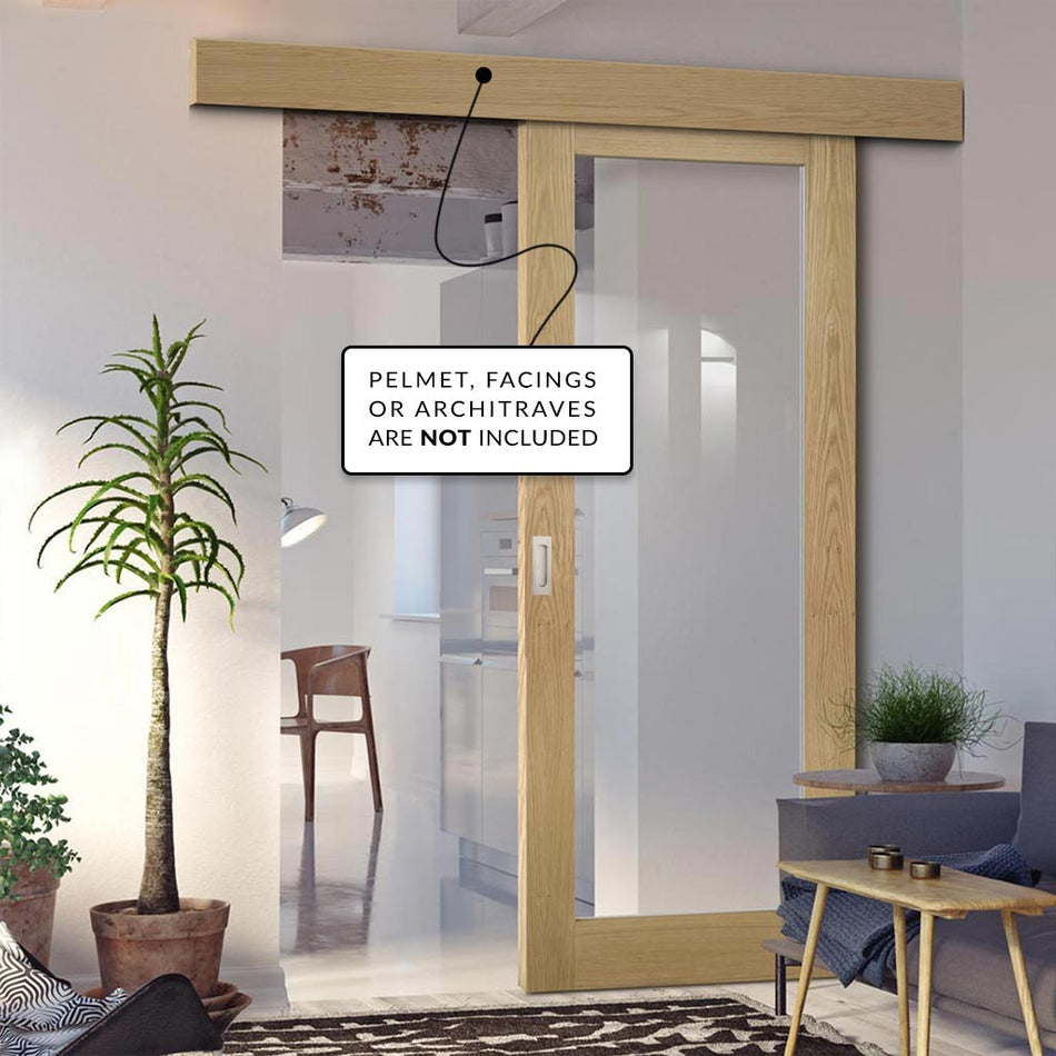 Single Sliding Door & Wall Track - Walden Real American Oak Veneer Door - Clear Glass - Unfinished