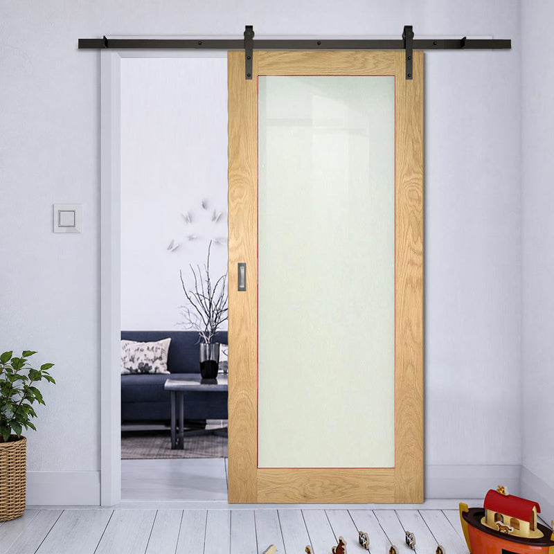 Single Sliding Door & Black Barn Track - Walden American Oak Veneer Door - Frosted Safety Glass - Unfinished