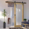 Single Sliding Door & Black Barn Track - Walden American Oak Veneer Door - Clear Safety Glass - Unfinished