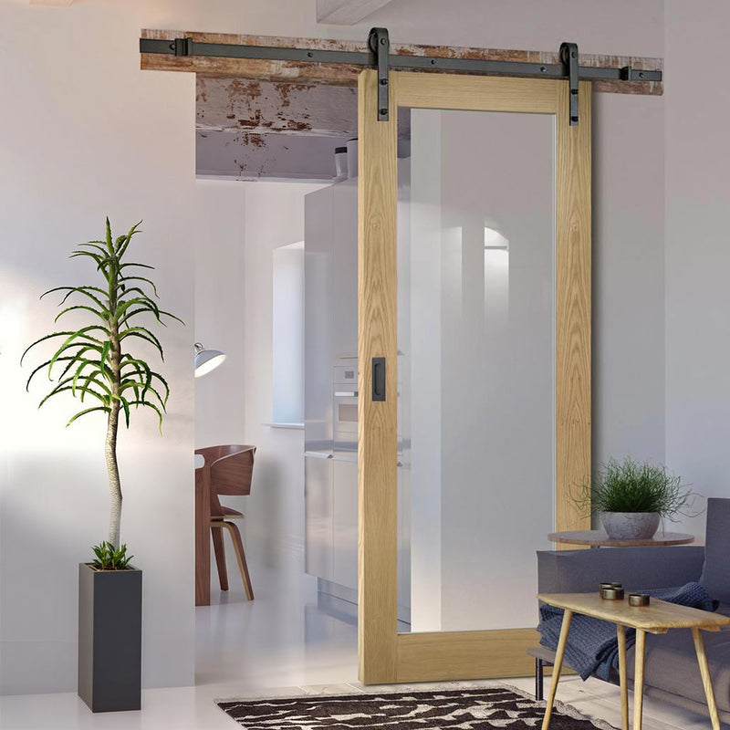Single Sliding Door & Black Barn Track - Walden American Oak Veneer Door - Clear Safety Glass - Unfinished