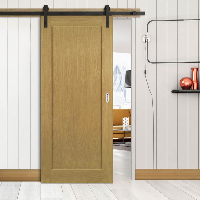 Single Sliding Door & Black Barn Track - Walden American Oak Veneer Door - Unfinished
