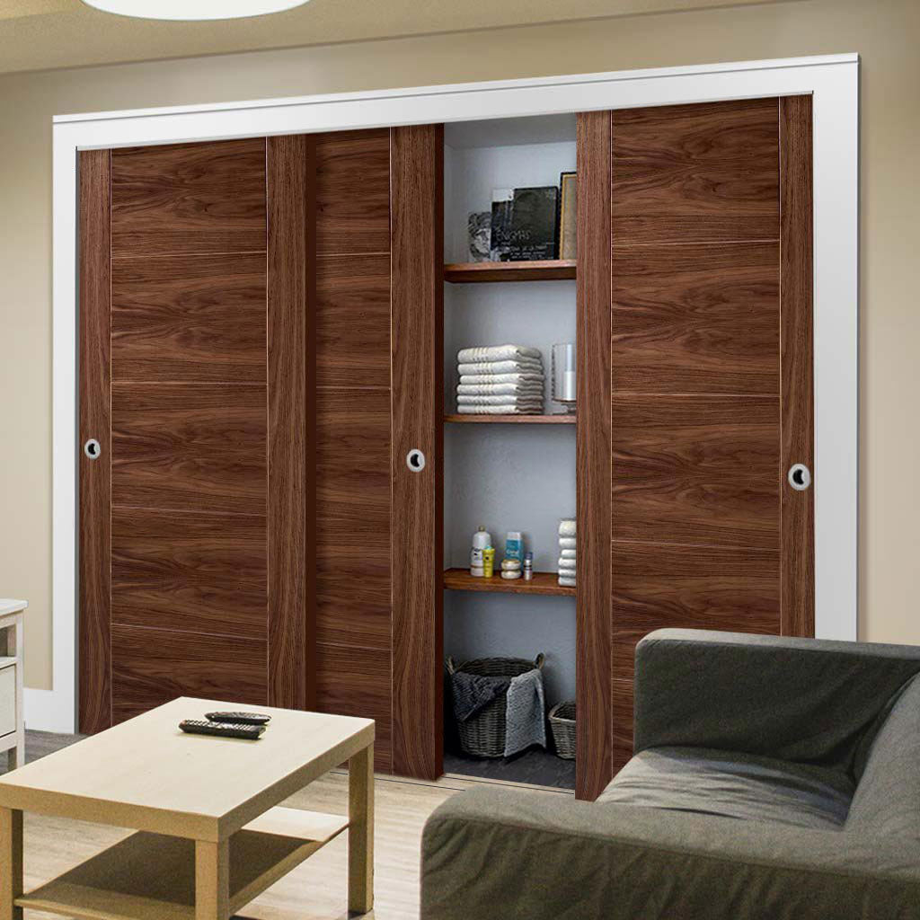Minimalist Wardrobe Door & Frame Kit - Three Vancouver 5 Panel Flush Walnut Doors - Prefinished