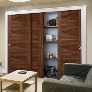 Image: Minimalist Wardrobe Door & Frame Kit - Three Vancouver 5 Panel Flush Walnut Doors - Prefinished