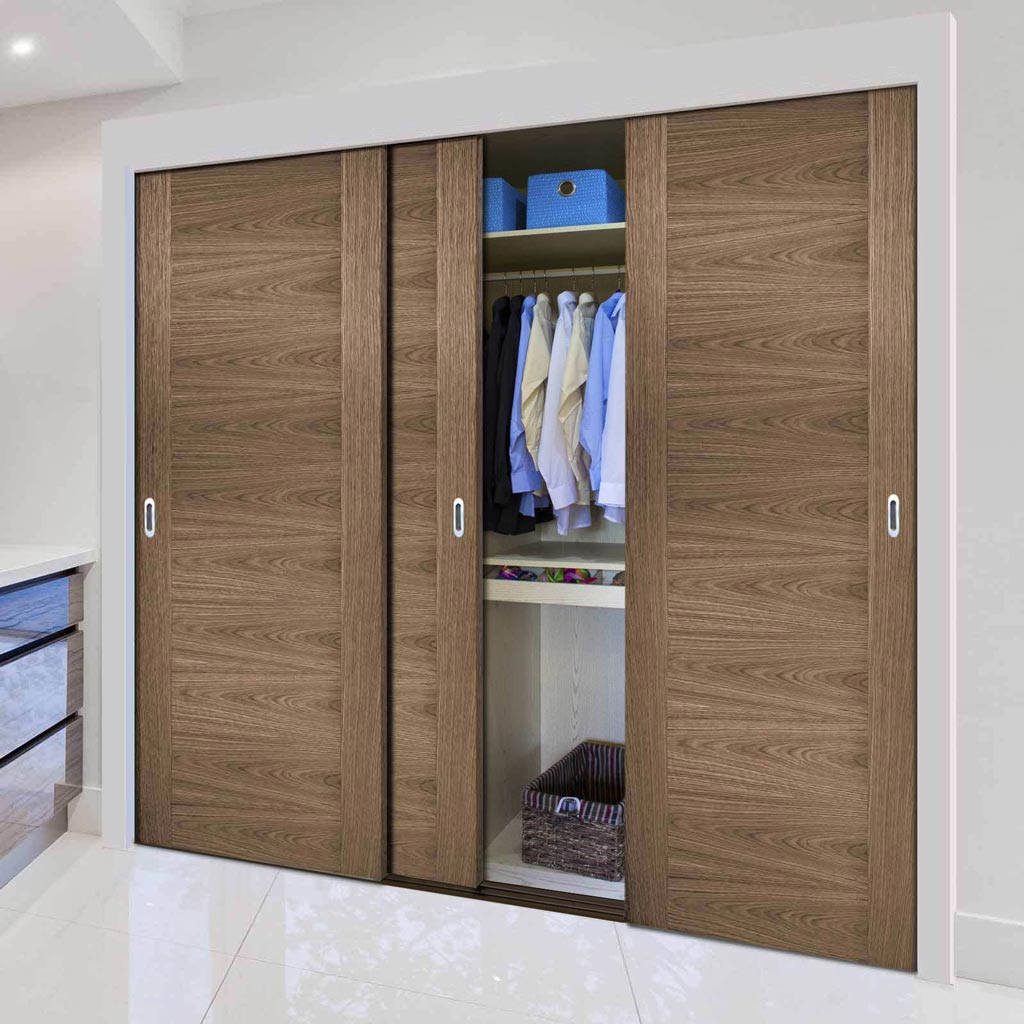 Minimalist Wardrobe Door Frame Kit Three Sofia Walnut Veneer Doors Prefinished
