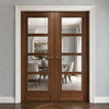 Vancouver Walnut 4 Pane Fire Internal Door Pair - Clear Glass - 30 Minute Fire Rated - Prefinished