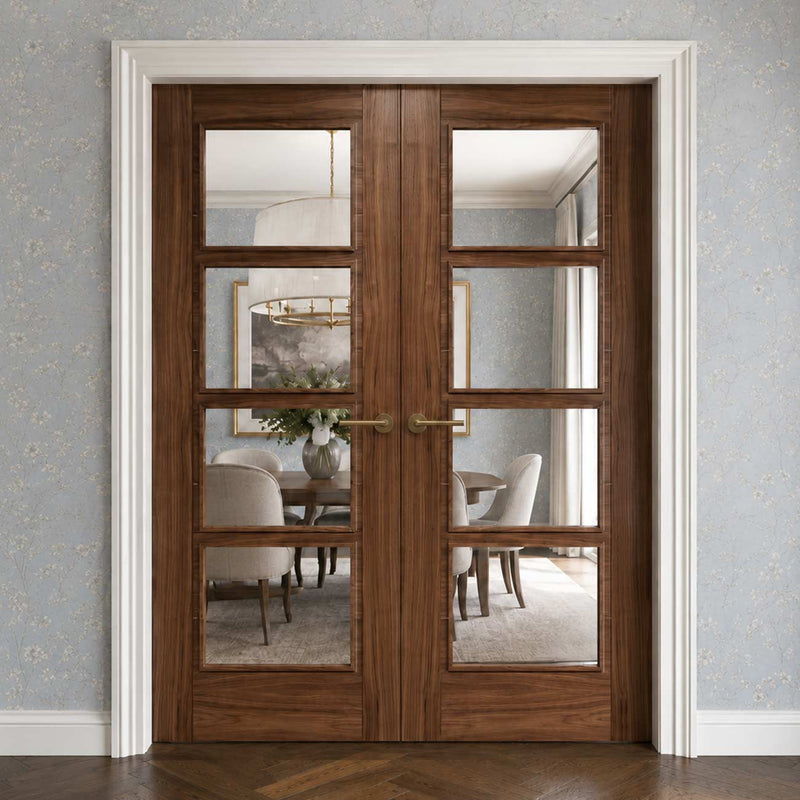 Vancouver Walnut 4 Pane Fire Internal Door Pair - Clear Glass - 30 Minute Fire Rated - Prefinished