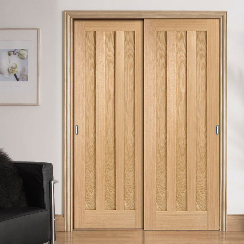 Minimalist Wardrobe Door & Frame Kit - Two Idaho 3 Panel Oak Doors - Prefinished