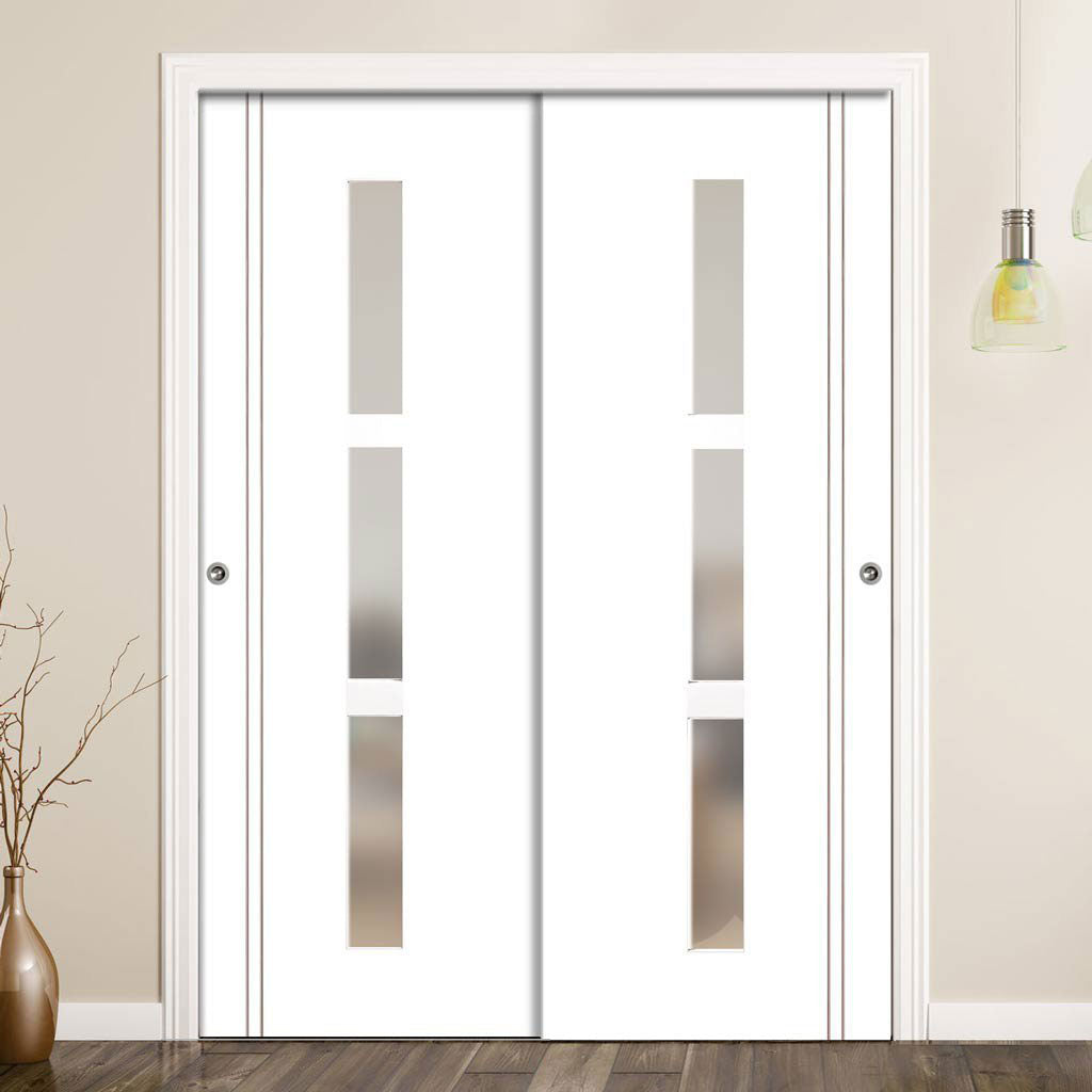 Minimalist Wardrobe Door & Frame Kit - Two Sierra Blanco Doors - Frosted Glass - White Painted