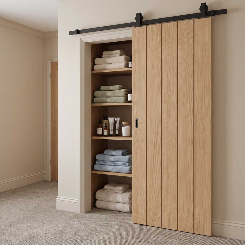 Top Mounted Black Sliding Track & Door - Wexford Oak Panel Door - Unfinished