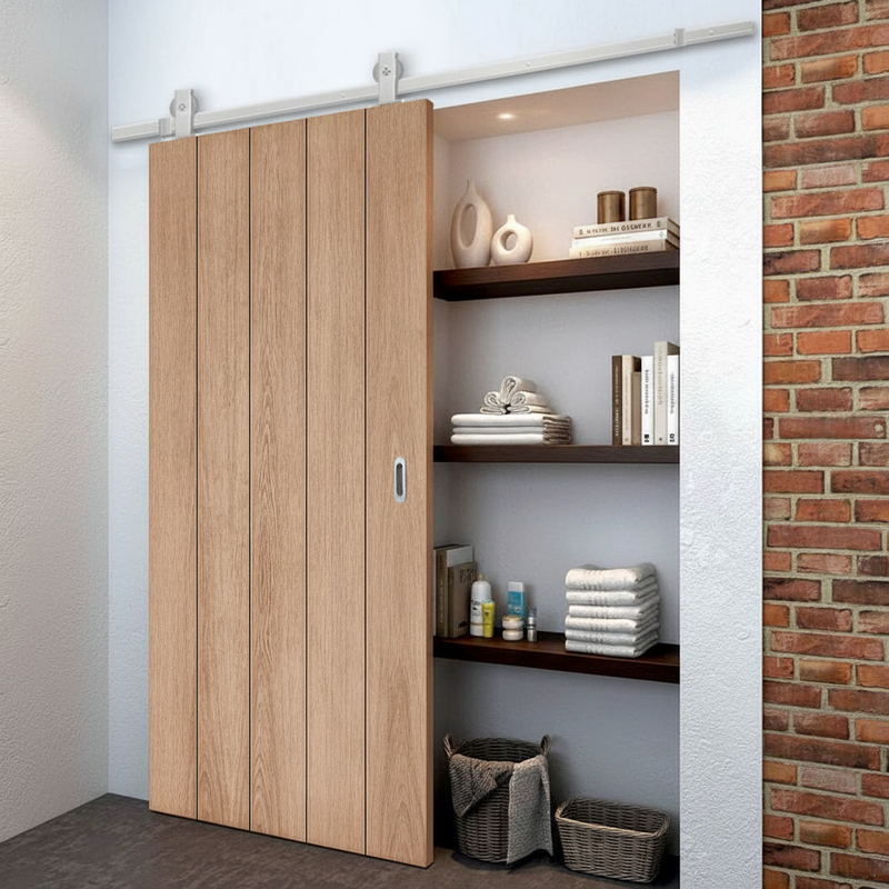 Top Mounted Stainless Steel Sliding Track & Door - Wexford Oak Panel Door - Unfinished