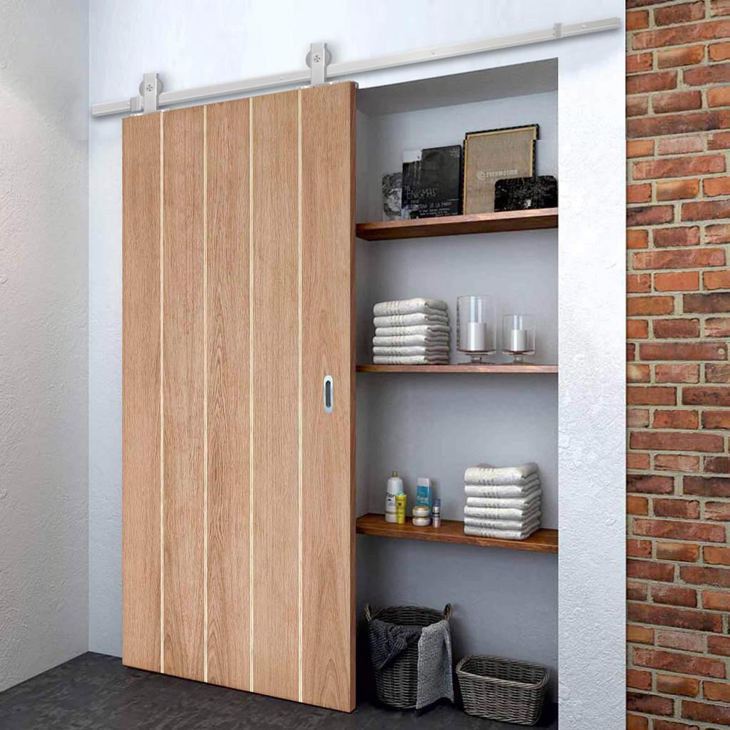 Top Mounted Stainless Steel Sliding Track & Door - Wexford Oak Panel Door - Unfinished