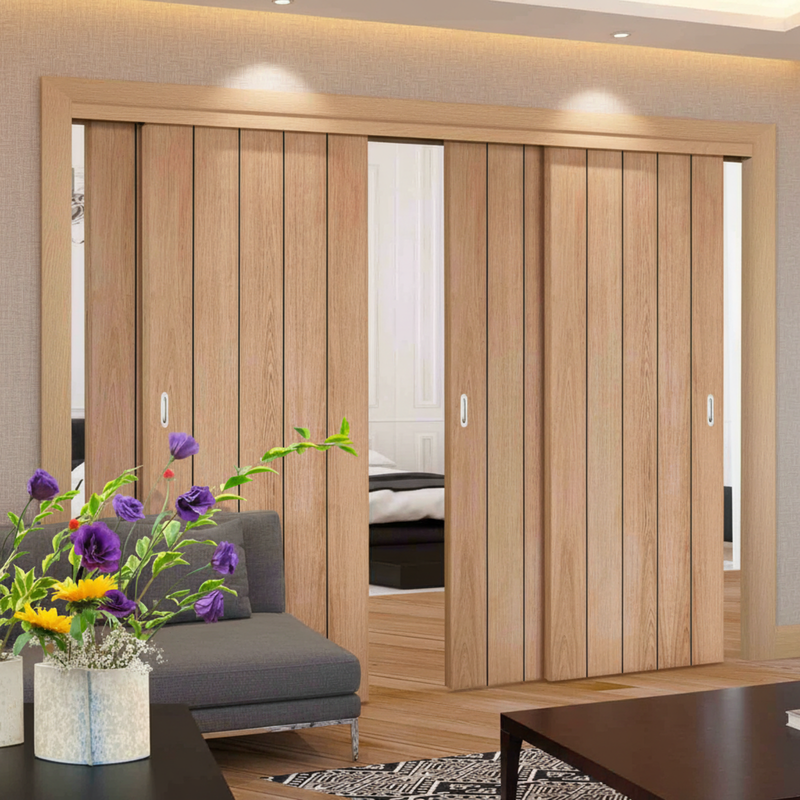 Pass-Easi Four Sliding Doors and Frame Kit - Wexford Oak Panel Door - Unfinished
