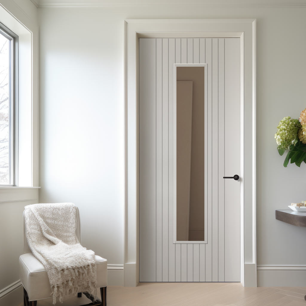 J B Kind Aria White Primed Flush Internal Door - Clear Glass