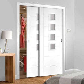 Image: Minimalist Wardrobe Door & Frame Kit - Two Palermo Doors - Obscure Glass - White Primed