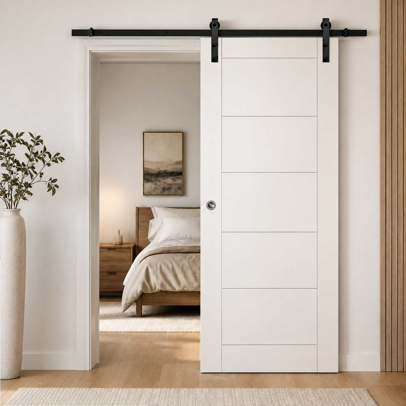 Single Sliding Door & Black Barn Track - Seville White Primed Flush Door