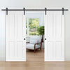 Double Sliding Door & Black Barn Track - Victorian Shaker 4 Panel Doors - White Primed