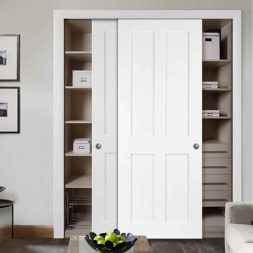 Minimalist Wardrobe Door & Frame Kit - Two Victorian Shaker 4 Panel Door - White Primed