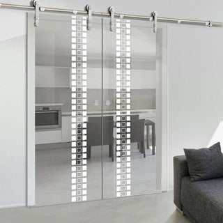 Image: Double Glass Sliding Door - Solaris Tubular Stainless Steel Sliding Track & Winton 8mm Clear Glass - Obscure Printed Design