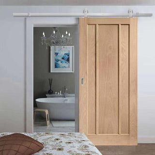 Image: Top Mounted Stainless Steel Sliding Track & Door - Worcester Oak 3 Panel Door - Prefinished