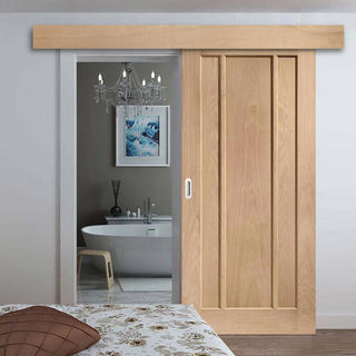Image: Single Sliding Door & Wall Track - Worcester Oak 3 Panel Door - Unfinished