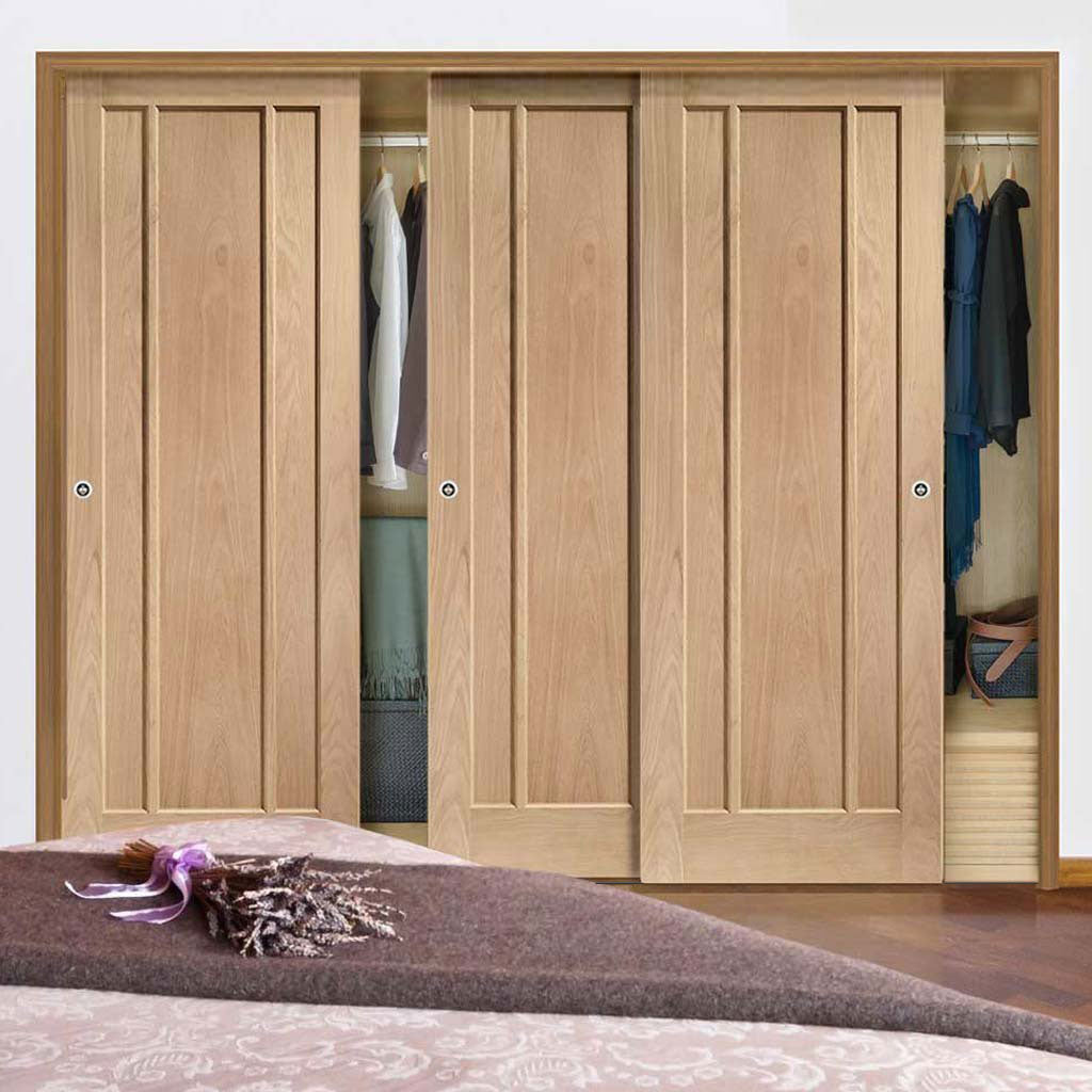 Minimalist Wardrobe Door & Frame Kit - Three Worcester Oak 3 Panel Doors - Unfinished