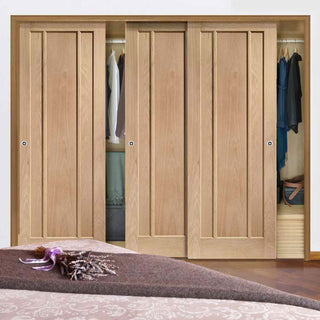 Image: Minimalist Wardrobe Door & Frame Kit - Three Worcester Oak 3 Panel Doors - Unfinished