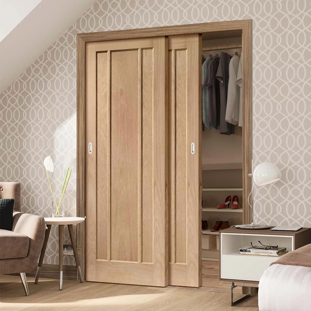Minimalist Wardrobe Door & Frame Kit - Two Worcester Oak 3 Panel Doors - Unfinished