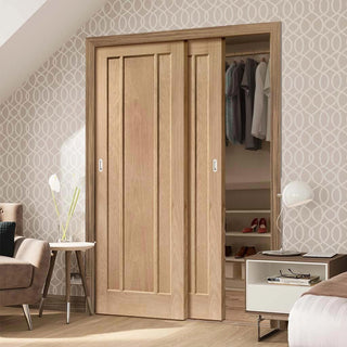 Image: Minimalist Wardrobe Door & Frame Kit - Two Worcester Oak 3 Panel Doors - Unfinished