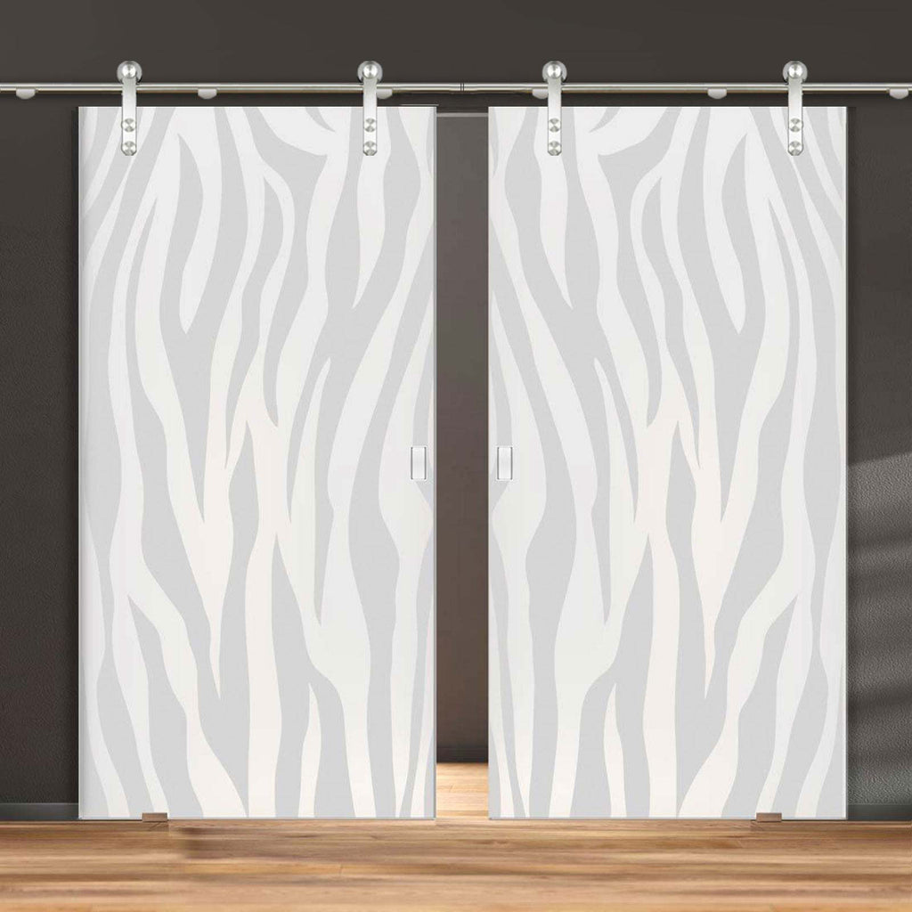 Double Glass Sliding Door - Solaris Tubular Stainless Steel Sliding Track & Zebra Animal Print 8mm Obscure Glass - Obscure Printed Design