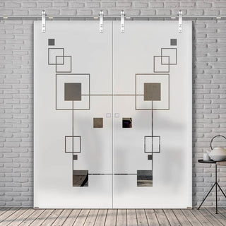 Image: Double Glass Sliding Door - Solaris Tubular Stainless Steel Sliding Track & Geometric Zoom 8mm Obscure Glass - Clear Printed Design