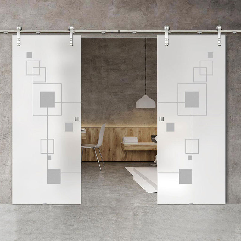 Double Glass Sliding Door - Solaris Tubular Stainless Steel Sliding Track & Geometric Zoom 8mm Obscure Glass - Obscure Printed Design