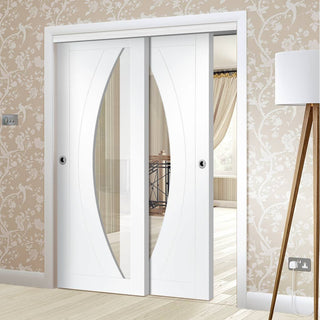 Image: Two Sliding Doors and Frame Kit - Salerno Door - Clear Glass - White Primed
