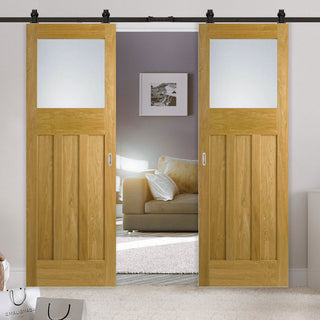 Image: Top Mounted Black Sliding Track & Double Door - 1930's Oak Doors - Frosted Glass - Unfinished
