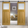 Top Mounted Black Sliding Track & Double Door - 1930's Oak Doors - Frosted Glass - Unfinished
