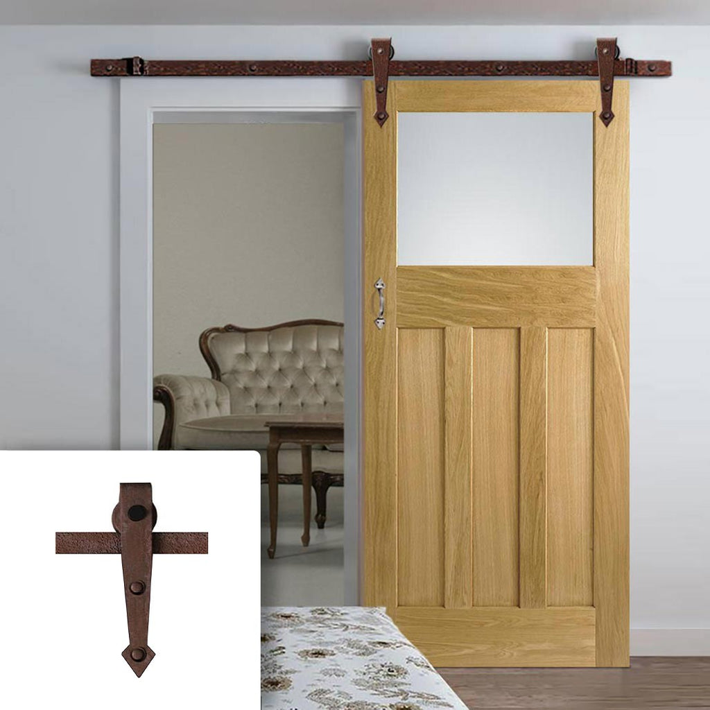 Single Sliding Door & Arrowhead Antique Rust Track - 1930's Oak Door - Frosted Glass - Unfinished