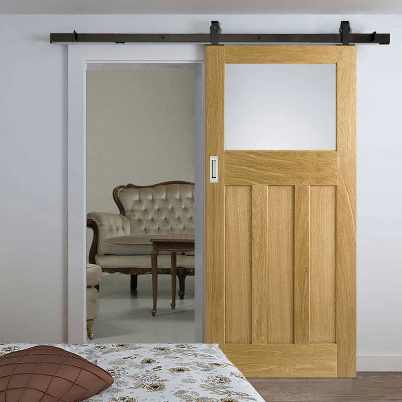 Top Mounted Black Sliding Track & Door - 1930's Oak Door - Frosted Glass - Unfinished