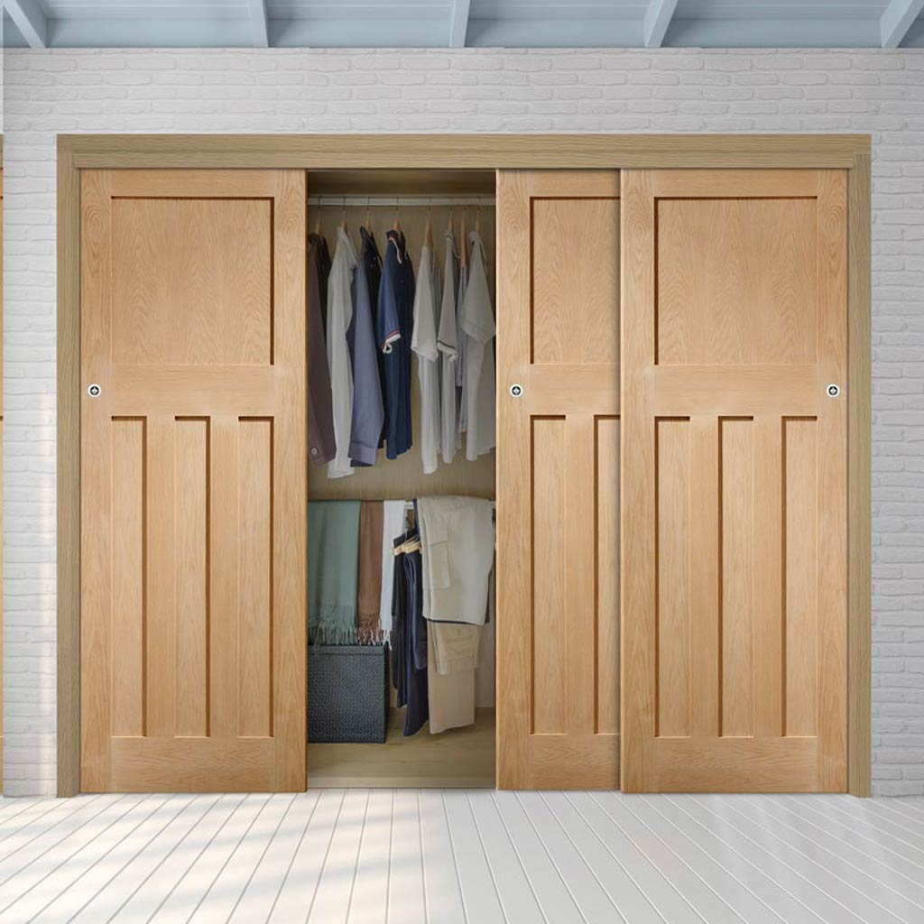 Three Sliding Maximal Wardrobe Doors & Frame Kit - DX Oak Panel Door - 1930's Style