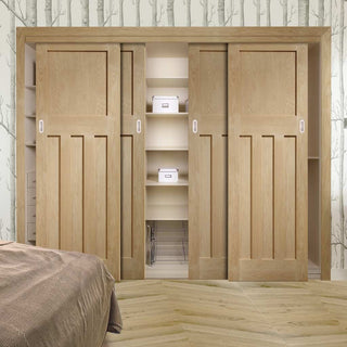 Image: Four Sliding Wardrobe Doors & Frame Kit - DX 1930'S Oak Panel Door - Prefinished