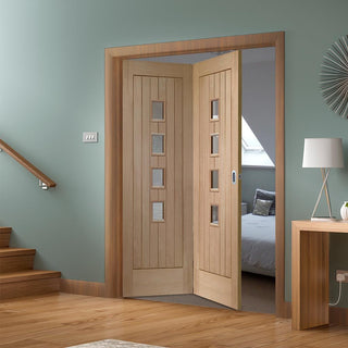 Image: Bespoke Thrufold Contemporary Suffolk Oak 4 Pane Glazed Folding 2+0 Door