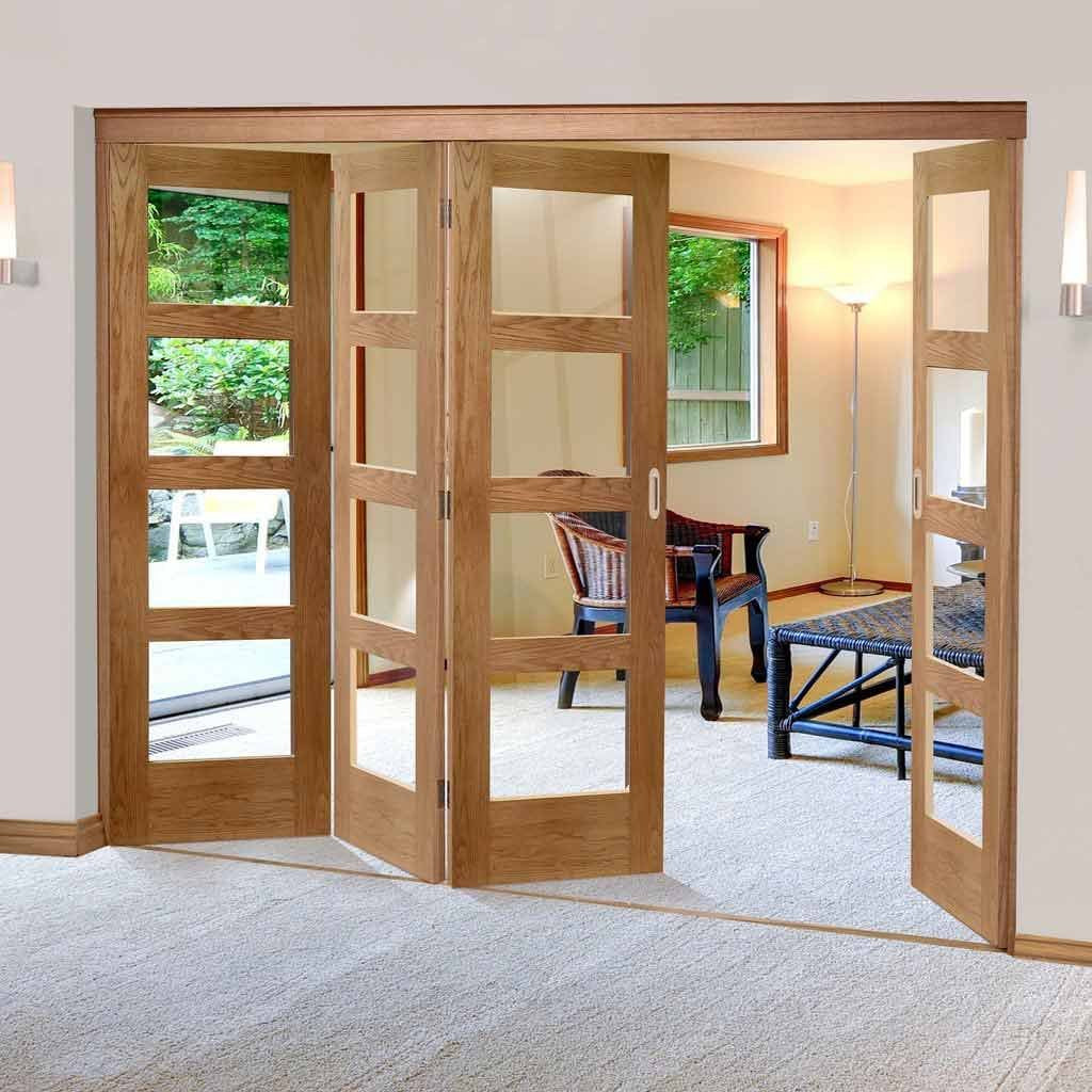 Four Folding Doors & Frame Kit - Shaker Oak 4 Pane 3+1 - Clear Glass - Prefinished
