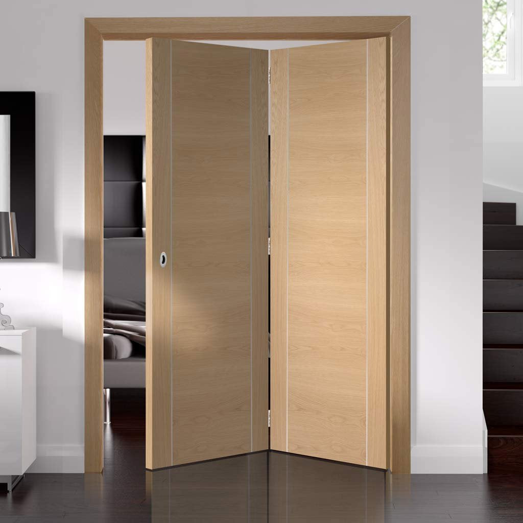 Two Folding Doors & Frame Kit - Forli Oak Flush 2+0 - Aluminium Inlay - Prefinished